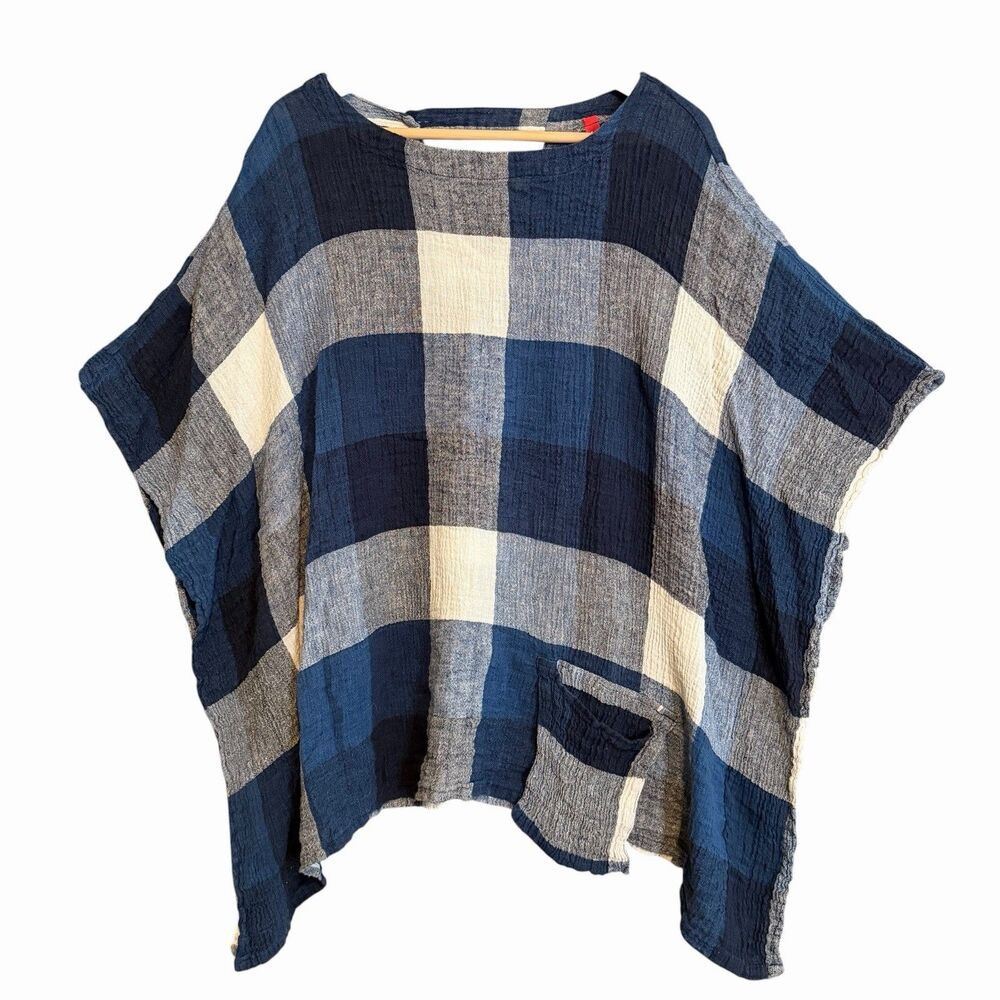 IC Connie K Linen Tunic Poncho Blue Grey Check Crinkle Gauze Plus Size 3X Boxy